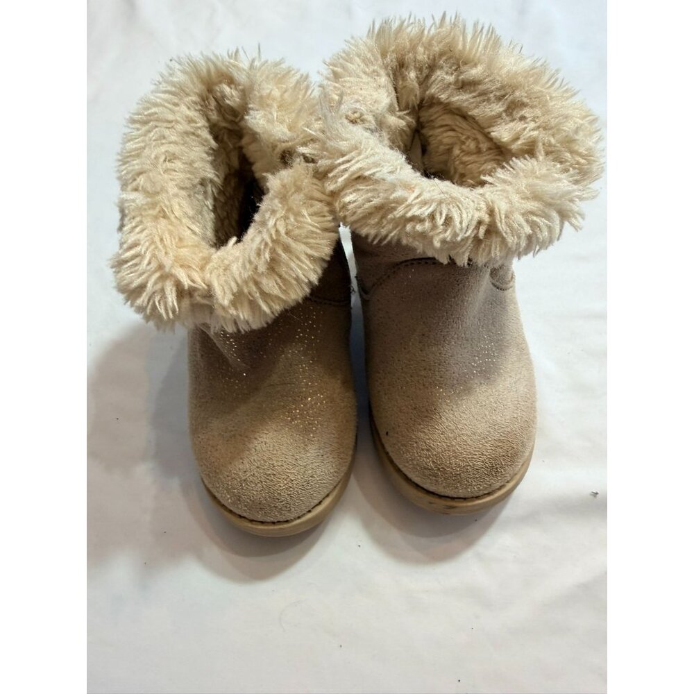 Toddler Girls Beige Faux Fur-Lined Boots With Glitter Accents & Side Zippers - S